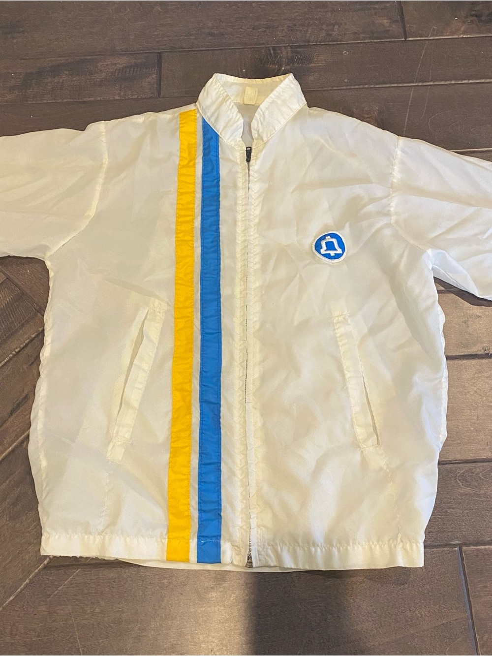 VINTAGE- Bell Telephone White Windbreaker Jacket with Blue and Yellow Stripe